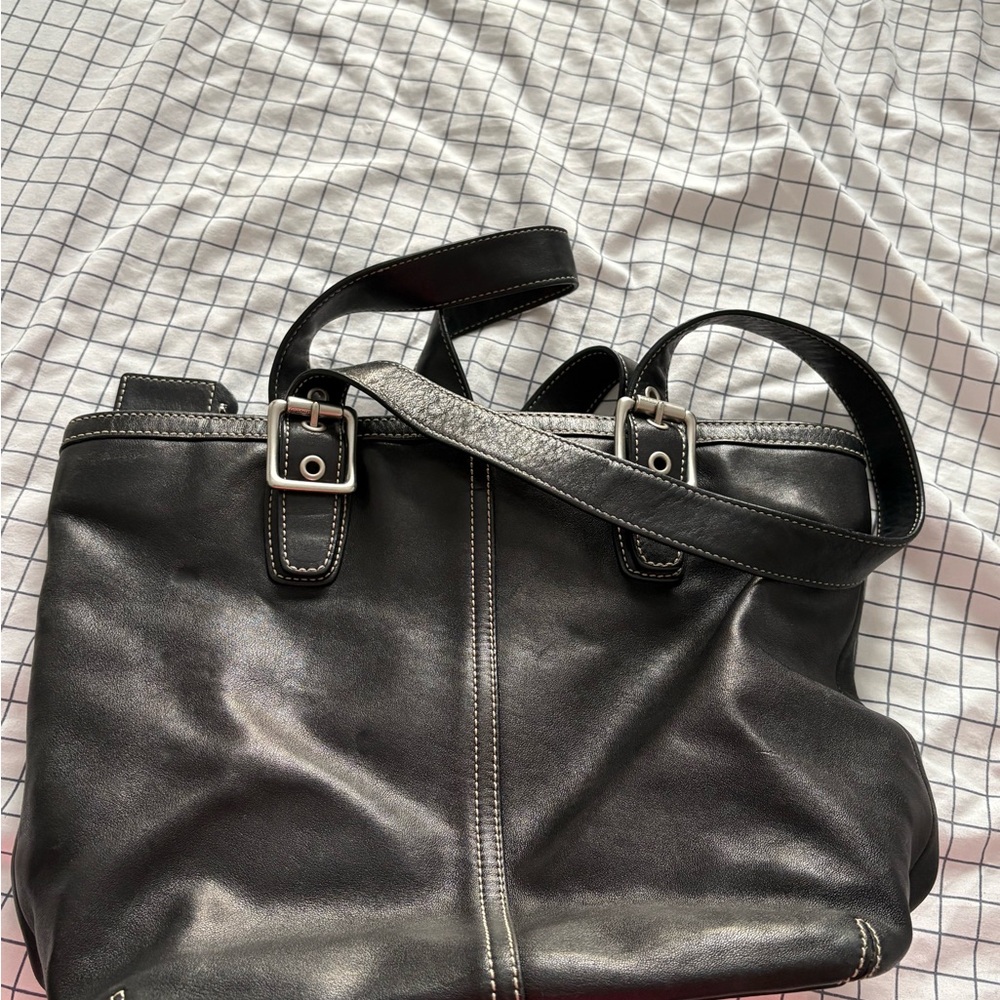 Coach Black Leather Bag with Gray Stitching - Picture 3 of 4